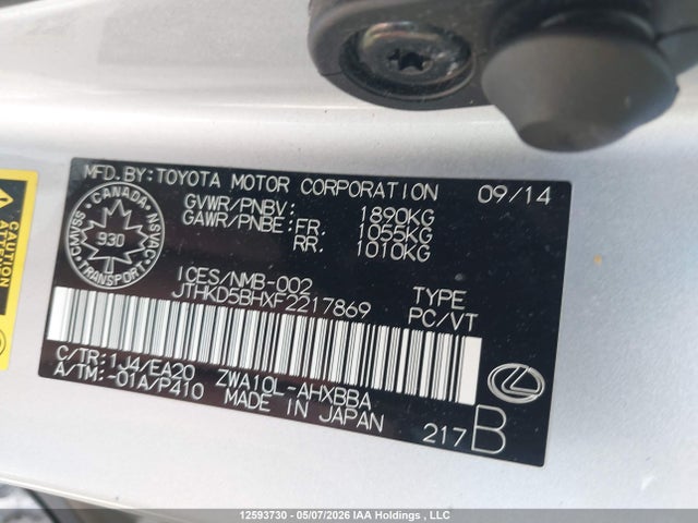 JTHKD5BHXF2217869 Lexus CT 200H