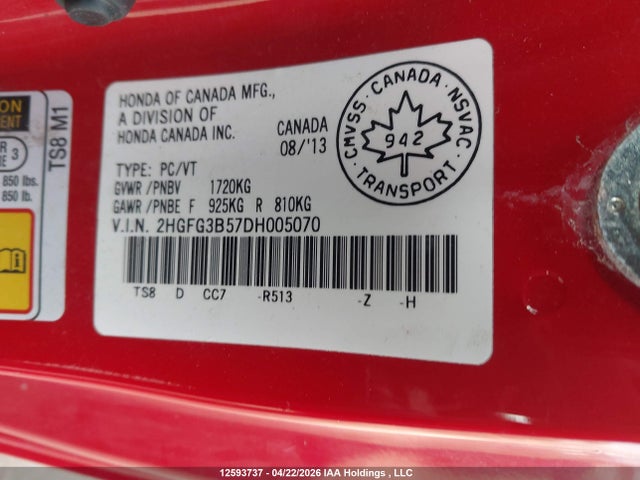 Продажа на аукционе авто 2013 Honda Civic Lx, vin: 2HGFG3B57DH005070, номер лота: 12593737