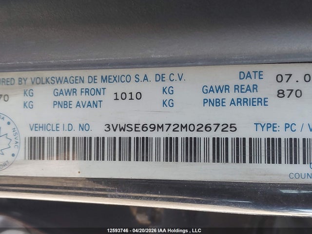 Aukcja sprzedaży 2002 Volkswagen Jetta, vin: 3VWSE69M72M026725, numer aukcji: 12593746