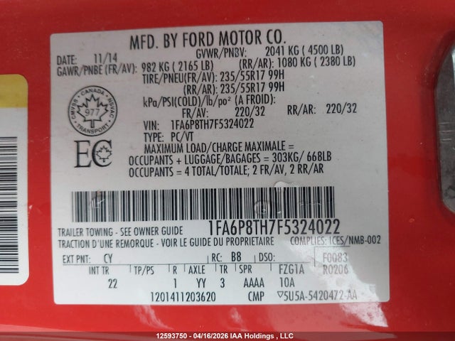 Продажа на аукционе авто 2015 Ford Mustang, vin: 1FA6P8TH7F5324022, номер лота: 12593750