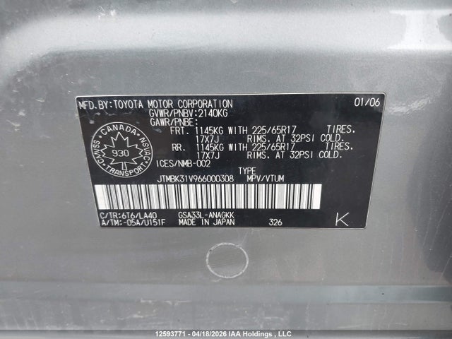 2006 Toyota Rav4 Limited მანქანა იყიდება აუქციონზე, vin: JTMBK31V966000308, აუქციონის ნომერი: 12593771