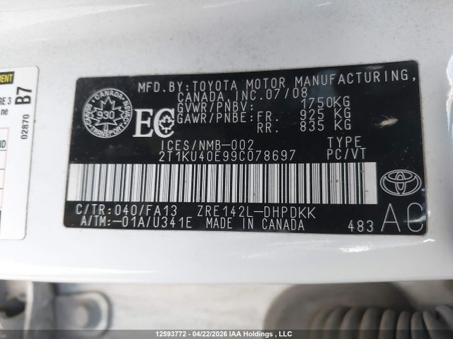 2009 Toyota Matrix მანქანა იყიდება აუქციონზე, vin: 2T1KU40E99C078697, აუქციონის ნომერი: 12593772