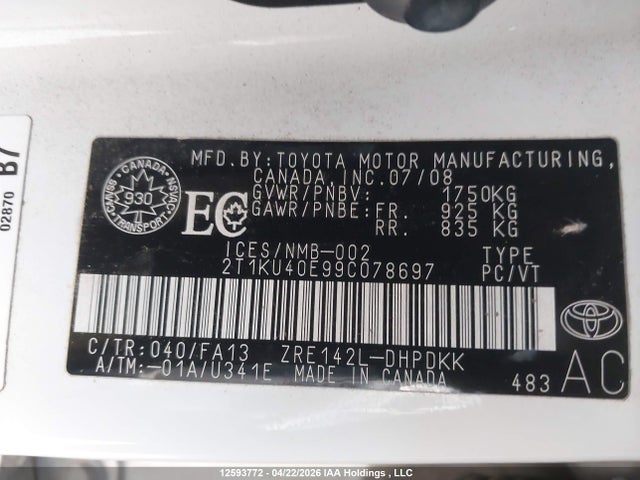 2009 Toyota Matrix მანქანა იყიდება აუქციონზე, vin: 2T1KU40E99C078697, აუქციონის ნომერი: 12593772