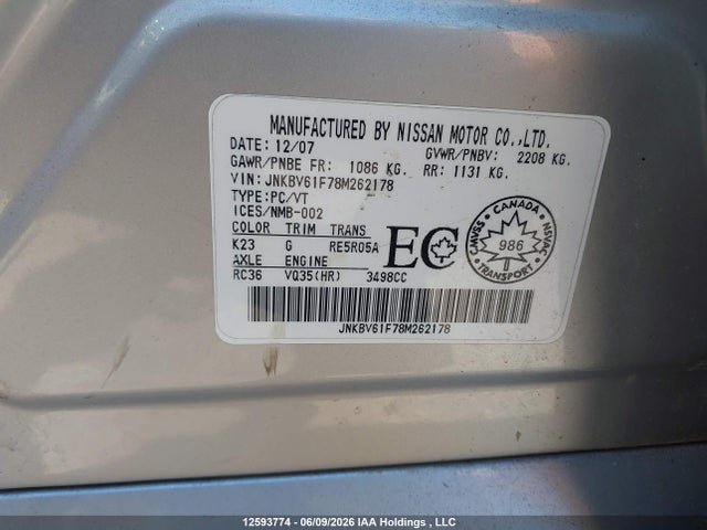 Aukcja sprzedaży 2008 Infiniti G35, vin: JNKBV61F78M262178, numer aukcji: 12593774