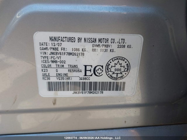 Aukcja sprzedaży 2008 Infiniti G35, vin: JNKBV61F78M262178, numer aukcji: 12593774