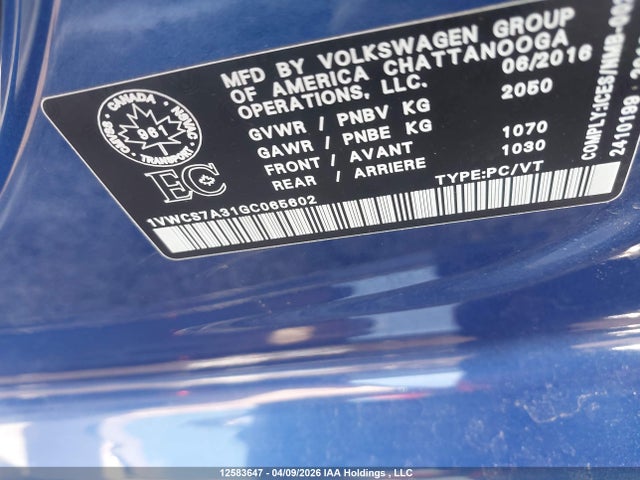 Aukcja sprzedaży 2016 Volkswagen Passat 1.8 Tsi Highline, vin: 1VWCS7A31GC065602, numer aukcji: 12583647