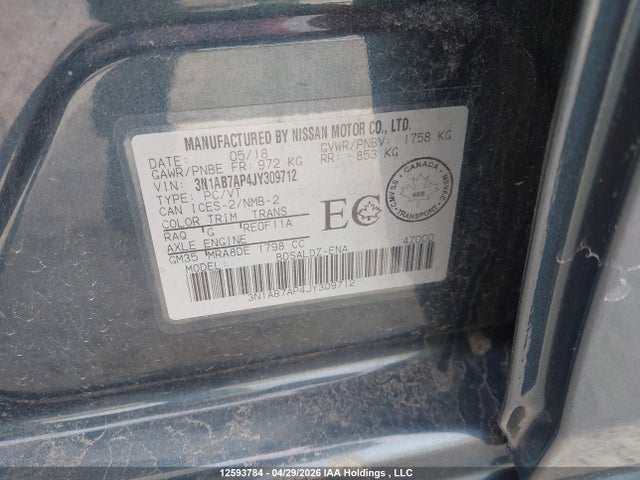 Продаж на аукціоні авто 2018 Nissan Sentra S/sv/sr/sl, vin: 3N1AB7AP4JY309712, номер лоту: 12593784