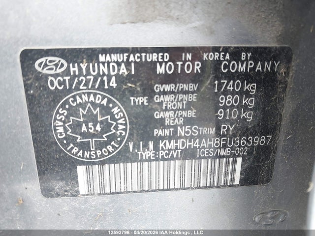 KMHDH4AH8FU363987 Hyundai Elantra Gls