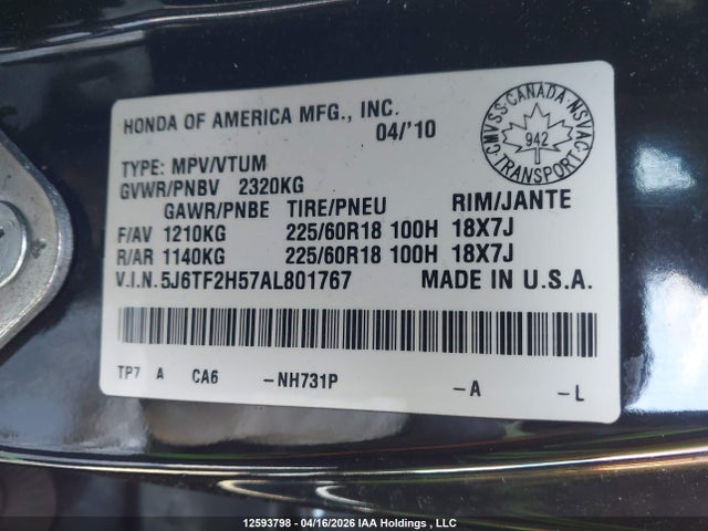 Продаж на аукціоні авто 2010 Honda Accord Crosstour Ex-l, vin: 5J6TF2H57AL801767, номер лоту: 12593798