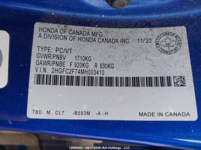 Продаж на аукціоні авто 2021 Honda Civic Ex, vin: 2HGFC2F74MH003410, номер лоту: 12593802