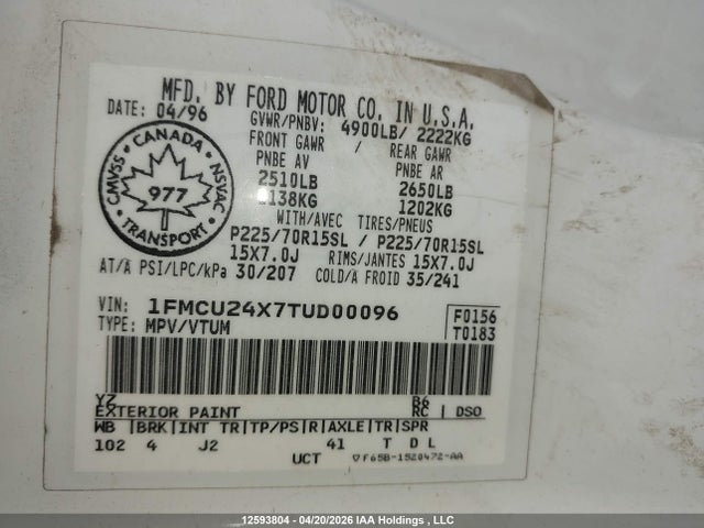1996 Ford Explorer მანქანა იყიდება აუქციონზე, vin: 1FMCU24X7TUD00096, აუქციონის ნომერი: 12593804