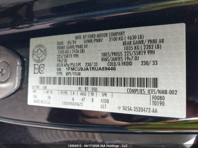 12593812 :رقم المزاد ، 1FMCU9JA1RUA89446 vin ، 2024 Ford Escape Platinum مزاد بيع