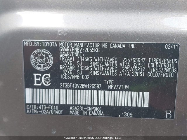 12593817 :رقم المزاد ، 2T3BF4DV2BW126587 vin ، 2011 Toyota Rav4 مزاد بيع