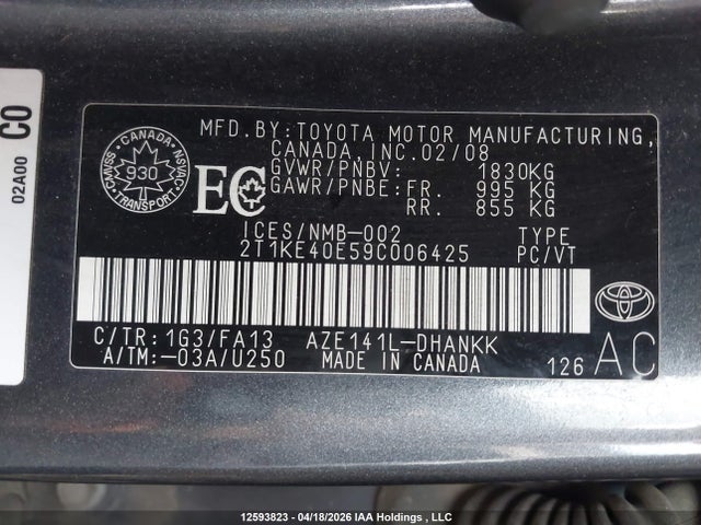 2009 Toyota Corolla Matrix S მანქანა იყიდება აუქციონზე, vin: 2T1KE40E59C006425, აუქციონის ნომერი: 12593823