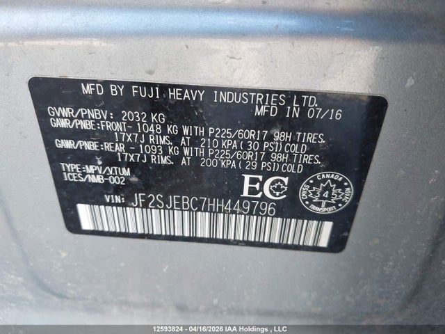 2017 Subaru Forester 2.5i მანქანა იყიდება აუქციონზე, vin: JF2SJEBC7HH449796, აუქციონის ნომერი: 12593824