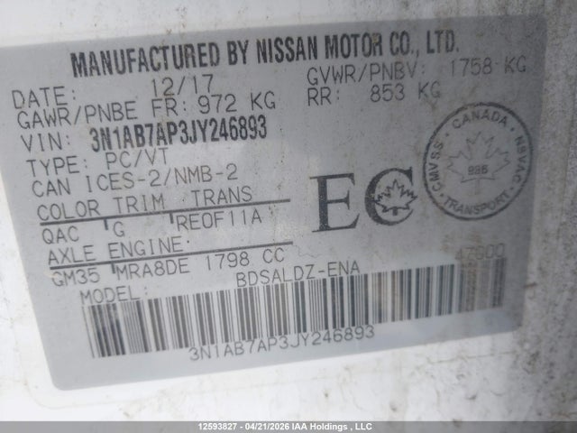 3N1AB7AP3JY246893 Nissan Sentra S/sv/sr/sl