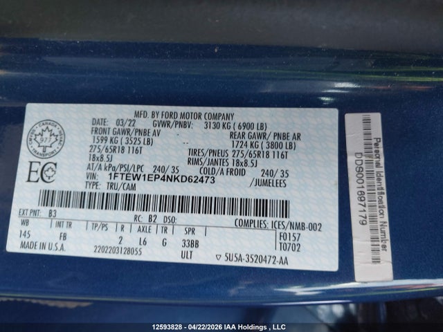 Продаж на аукціоні авто 2022 Ford F150 Supercrew, vin: 1FTEW1EP4NKD62473, номер лоту: 12593828