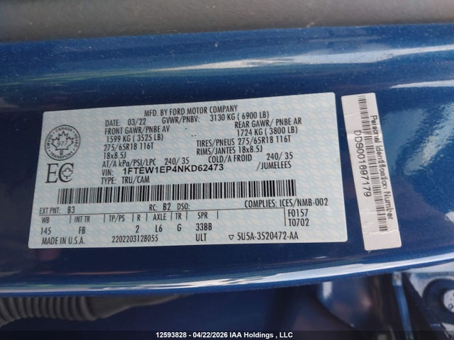 Продаж на аукціоні авто 2022 Ford F150 Supercrew, vin: 1FTEW1EP4NKD62473, номер лоту: 12593828