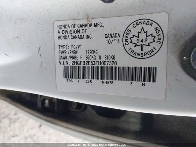 12593834 :رقم المزاد ، 2HGFB2F53FH007520 vin ، 2015 Honda Civic Lx مزاد بيع