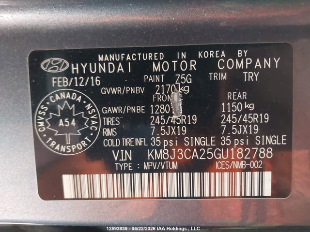 2016 Hyundai Tucson მანქანა იყიდება აუქციონზე, vin: KM8J3CA25GU182788, აუქციონის ნომერი: 12593838