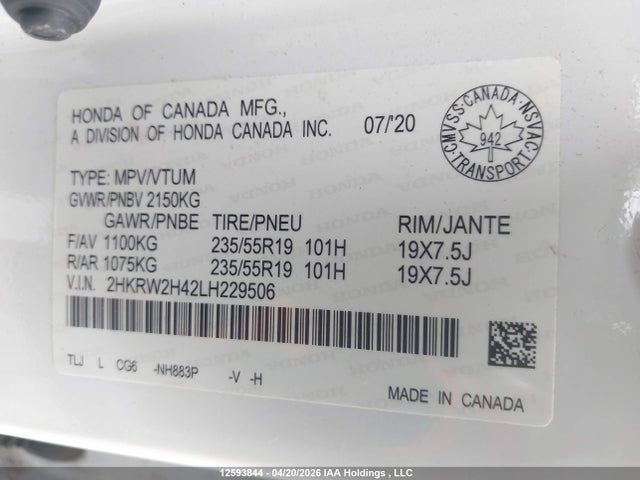 2HKRW2H42LH229506 Honda Cr-v Sport