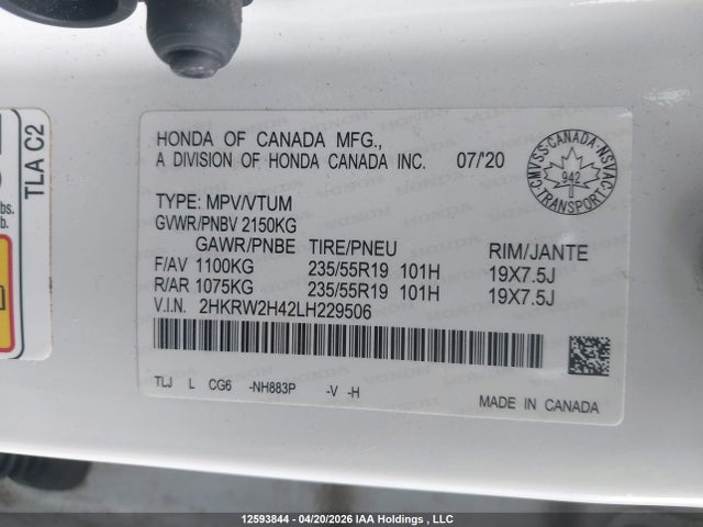 2HKRW2H42LH229506 Honda Cr-v Sport