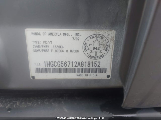 Aukcja sprzedaży 2002 Honda Accord Se, vin: 1HGCG56712A818152, numer aukcji: 12593849