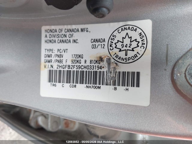 Aukcja sprzedaży 2012 Honda Civic Ex 4dr, vin: 2HGFB2F59CH033194, numer aukcji: 12593852
