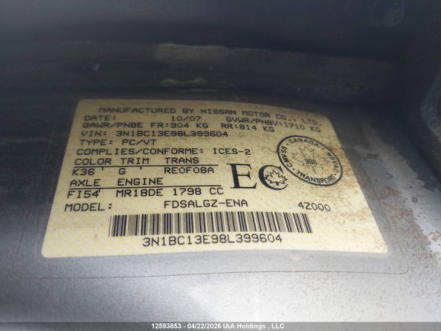 12593853 :رقم المزاد ، 3N1BC13E98L399604 vin ، 2008 Nissan Versa S/sl مزاد بيع