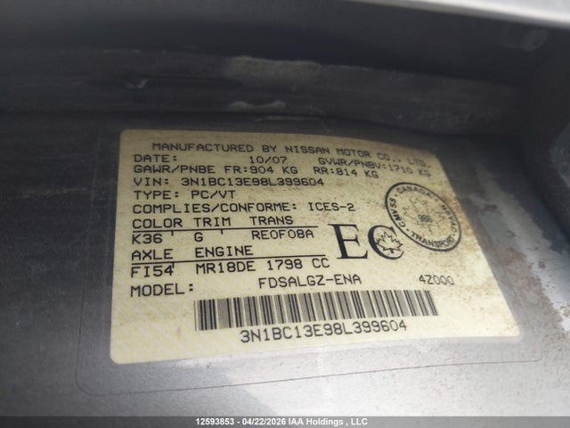 12593853 :رقم المزاد ، 3N1BC13E98L399604 vin ، 2008 Nissan Versa S/sl مزاد بيع