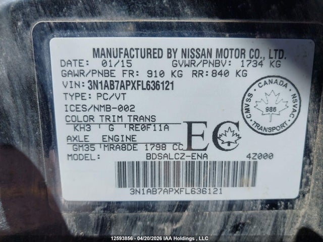 Aukcja sprzedaży 2015 Nissan Sentra 1.8 S/1.8 Sl/1.8 Sr/1.8 Sv, vin: 3N1AB7APXFL636121, numer aukcji: 12593856