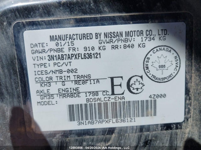 Aukcja sprzedaży 2015 Nissan Sentra 1.8 S/1.8 Sl/1.8 Sr/1.8 Sv, vin: 3N1AB7APXFL636121, numer aukcji: 12593856