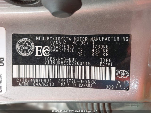2014 Toyota Corolla მანქანა იყიდება აუქციონზე, vin: 2T1BURHE5EC200449, აუქციონის ნომერი: 12593858