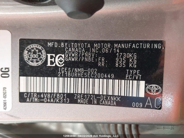 2014 Toyota Corolla მანქანა იყიდება აუქციონზე, vin: 2T1BURHE5EC200449, აუქციონის ნომერი: 12593858