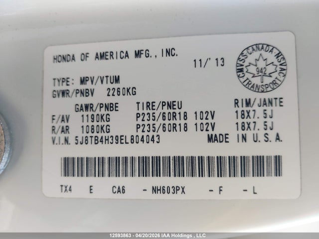 12593863 :رقم المزاد ، 5J8TB4H39EL804043 vin ، 2014 Acura Rdx مزاد بيع