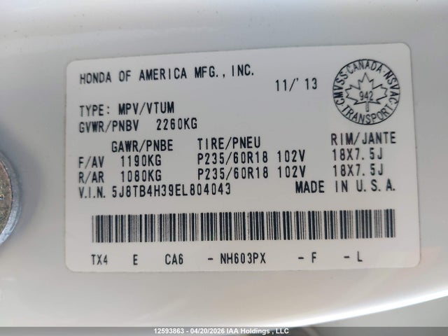 12593863 :رقم المزاد ، 5J8TB4H39EL804043 vin ، 2014 Acura Rdx مزاد بيع
