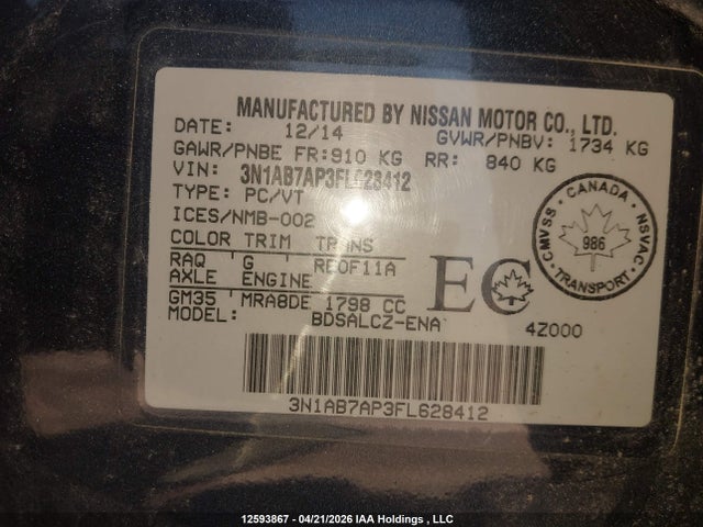 3N1AB7AP3FL628412 Nissan Sentra 1.8 S/1.8 Sl/1.8 Sr/1.8 Sv