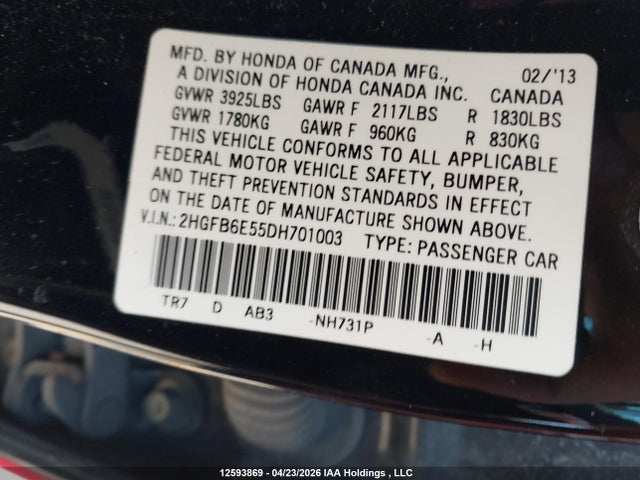 12593869 :رقم المزاد ، 2HGFB6E55DH701003 vin ، 2013 Honda Civic مزاد بيع