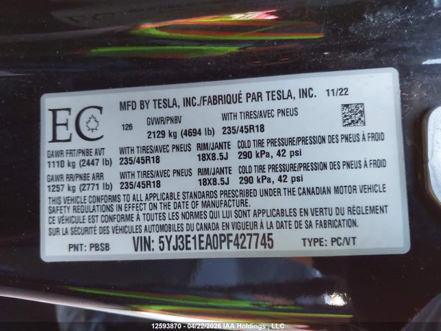 Продажа на аукционе авто 2023 Tesla Model 3 Rwd, vin: 5YJ3E1EA0PF427745, номер лота: 12593870