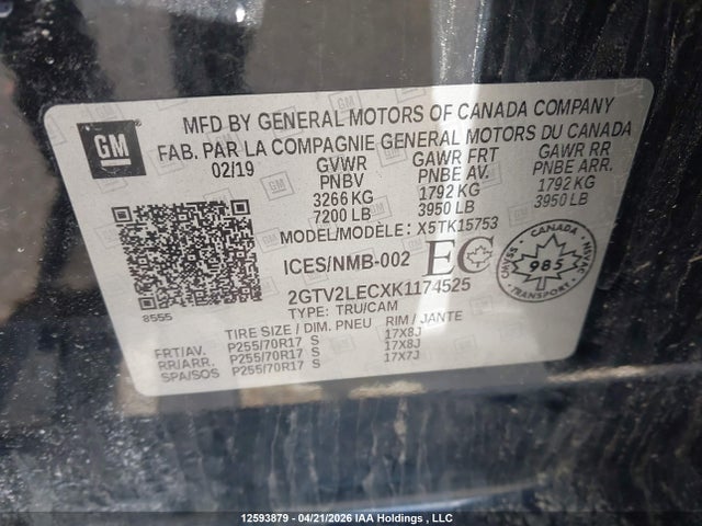 Aukcja sprzedaży 2019 Gmc Sierra 1500 Limited, vin: 2GTV2LECXK1174525, numer aukcji: 12593879