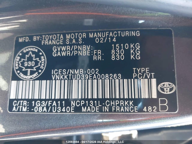 12593884 :رقم المزاد ، VNKKTUD39EA008263 vin ، 2014 Toyota Yaris مزاد بيع