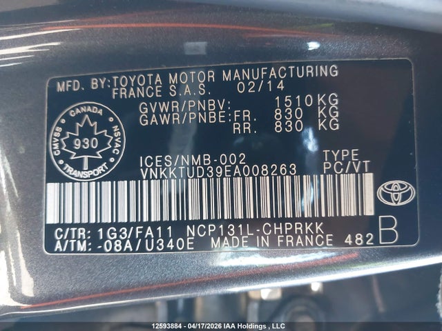 12593884 :رقم المزاد ، VNKKTUD39EA008263 vin ، 2014 Toyota Yaris مزاد بيع
