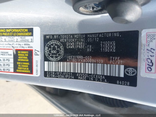 Aukcja sprzedaży 2012 Toyota Camry Hybrid Xle, vin: 4T1BD1FK8CU034109, numer aukcji: 12593887