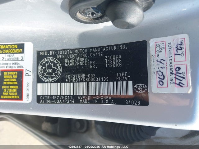 Aukcja sprzedaży 2012 Toyota Camry Hybrid Xle, vin: 4T1BD1FK8CU034109, numer aukcji: 12593887