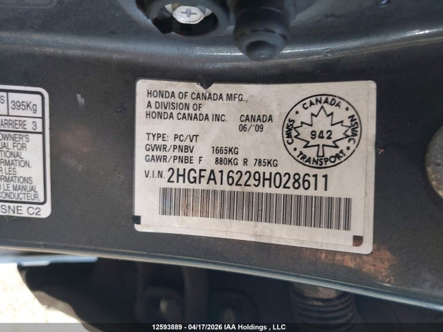 Aukcja sprzedaży 2009 Honda Civic, vin: 2HGFA16229H028611, numer aukcji: 12593889