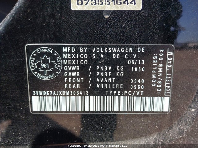 Продажа на аукционе авто 2013 Volkswagen Jetta, vin: 3VWDK7AJXDM303413, номер лота: 12593892