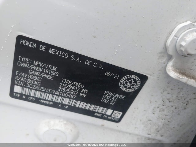 3CZRU5H37NM100487 Honda HR-V LX
