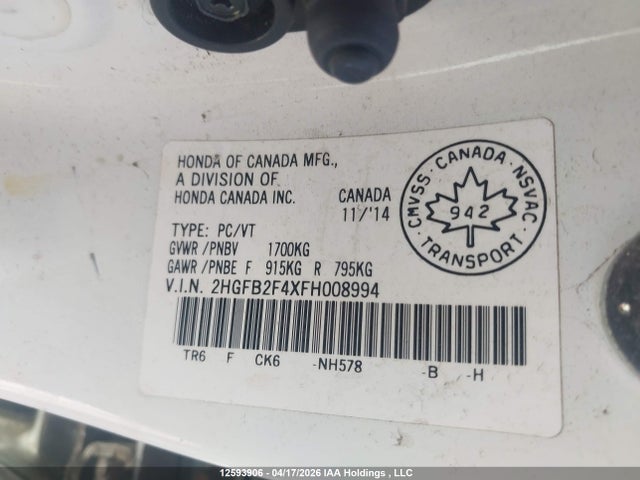 Продаж на аукціоні авто 2015 Honda Civic Lx, vin: 2HGFB2F4XFH008994, номер лоту: 12593906