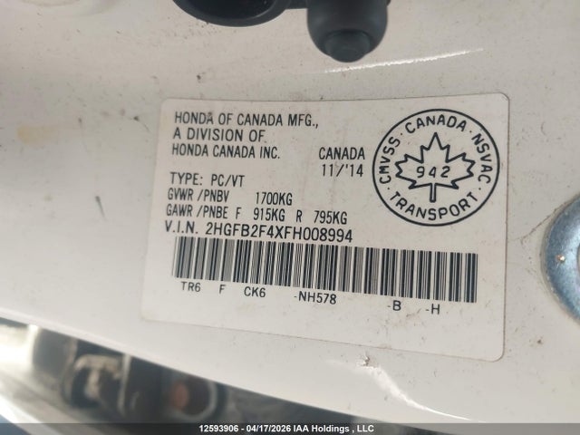 Продаж на аукціоні авто 2015 Honda Civic Lx, vin: 2HGFB2F4XFH008994, номер лоту: 12593906