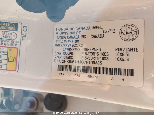12593907 :رقم المزاد ، 2HKRM4H30CH109535 vin ، 2012 Honda Cr-v مزاد بيع